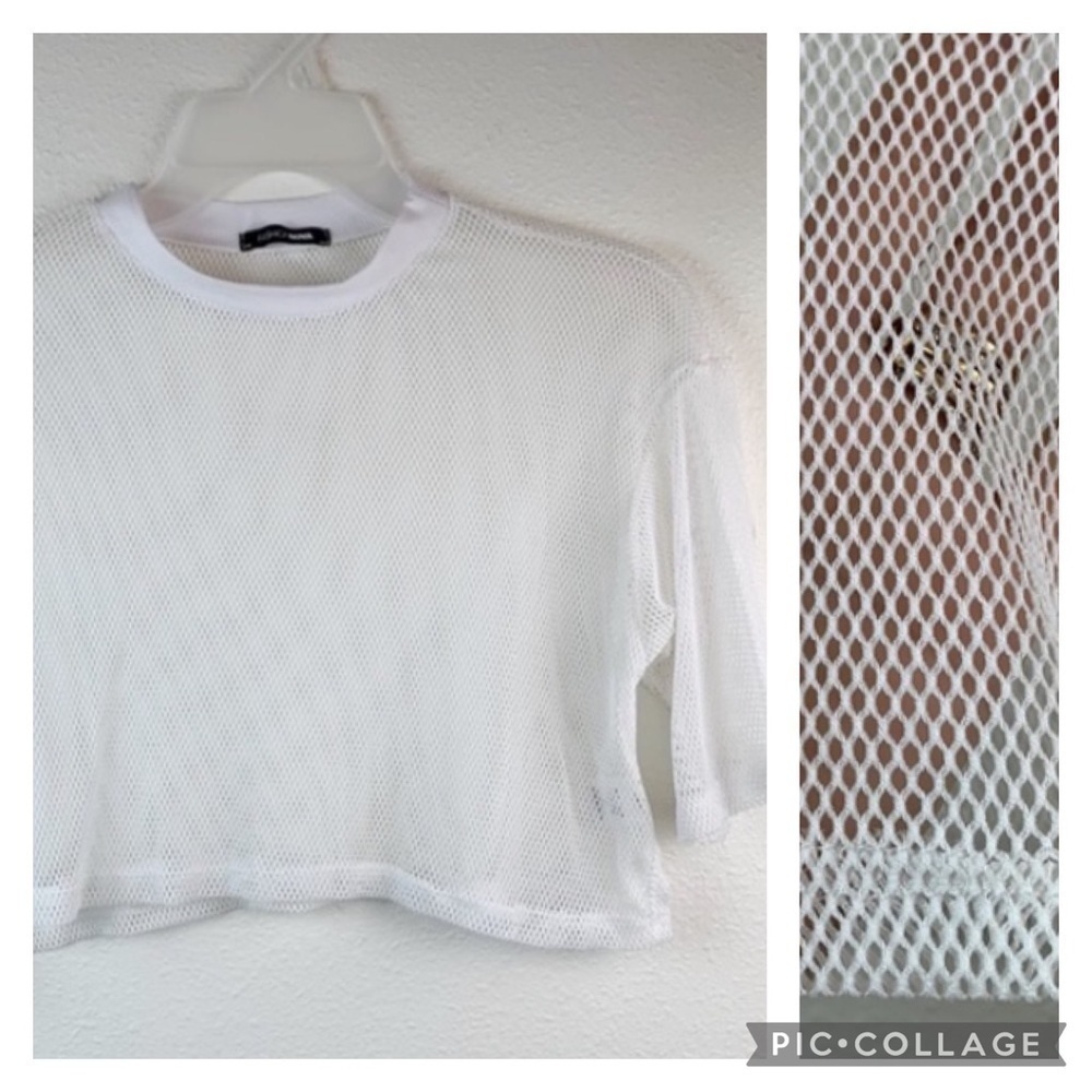 Spot treat blue on sleeve Fashion Nova cropped fishnet mesh festival sports top
